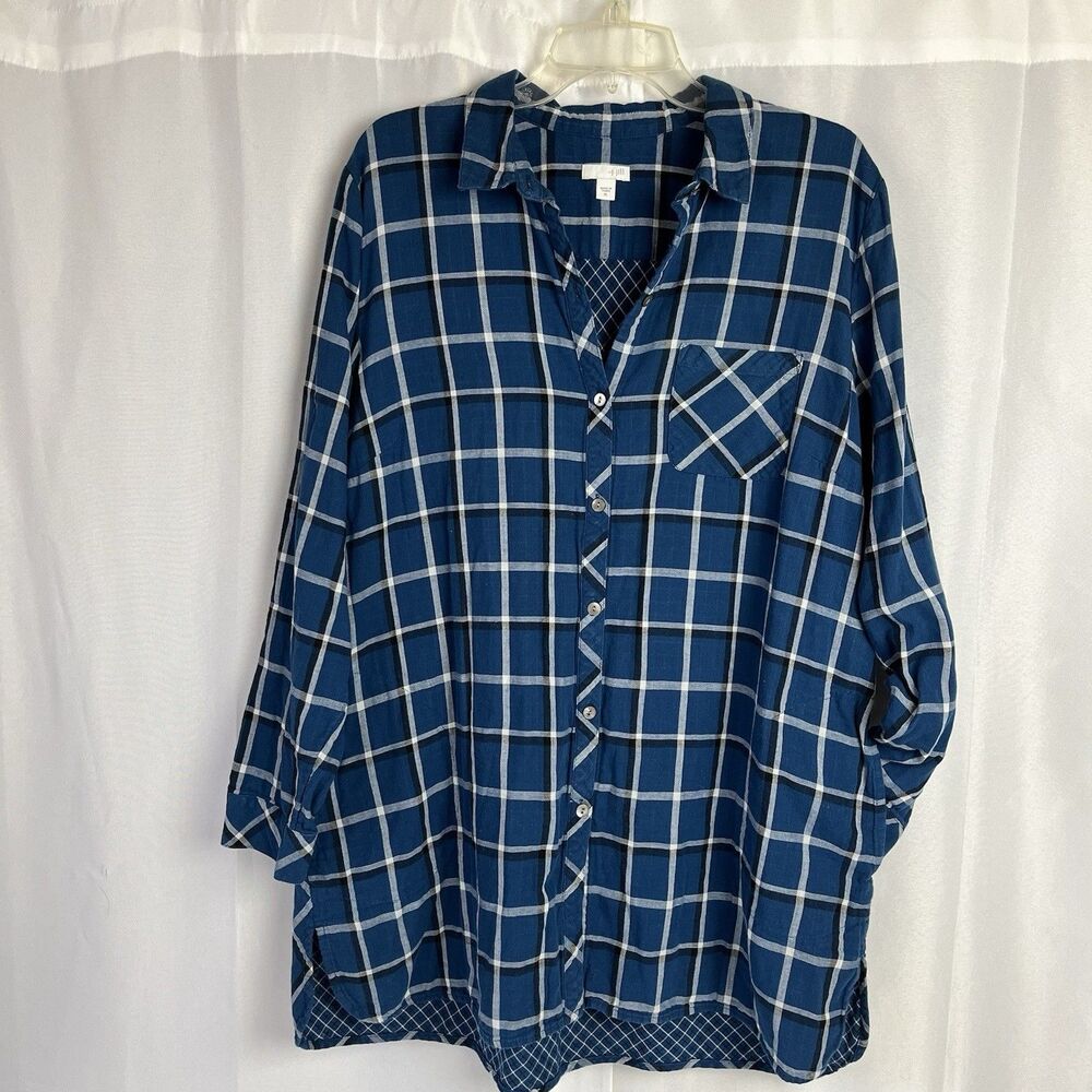 J. Jill XL Plaid Button-Front Shirt Dress Blue White Long Sleeve Tunic Cabin